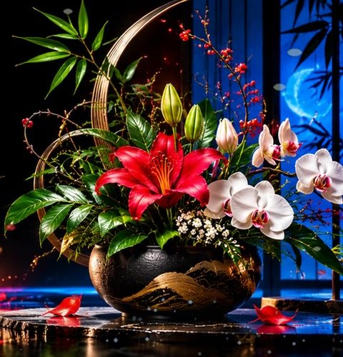 Composition dans un vase noir et or : lys rouge, orchidées blanches, bambou et baies d'automne.